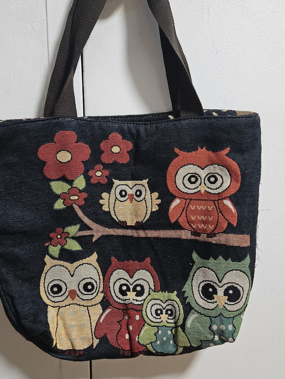 Cute Owl Print Canvas Tote Bag in Black and Multicolor